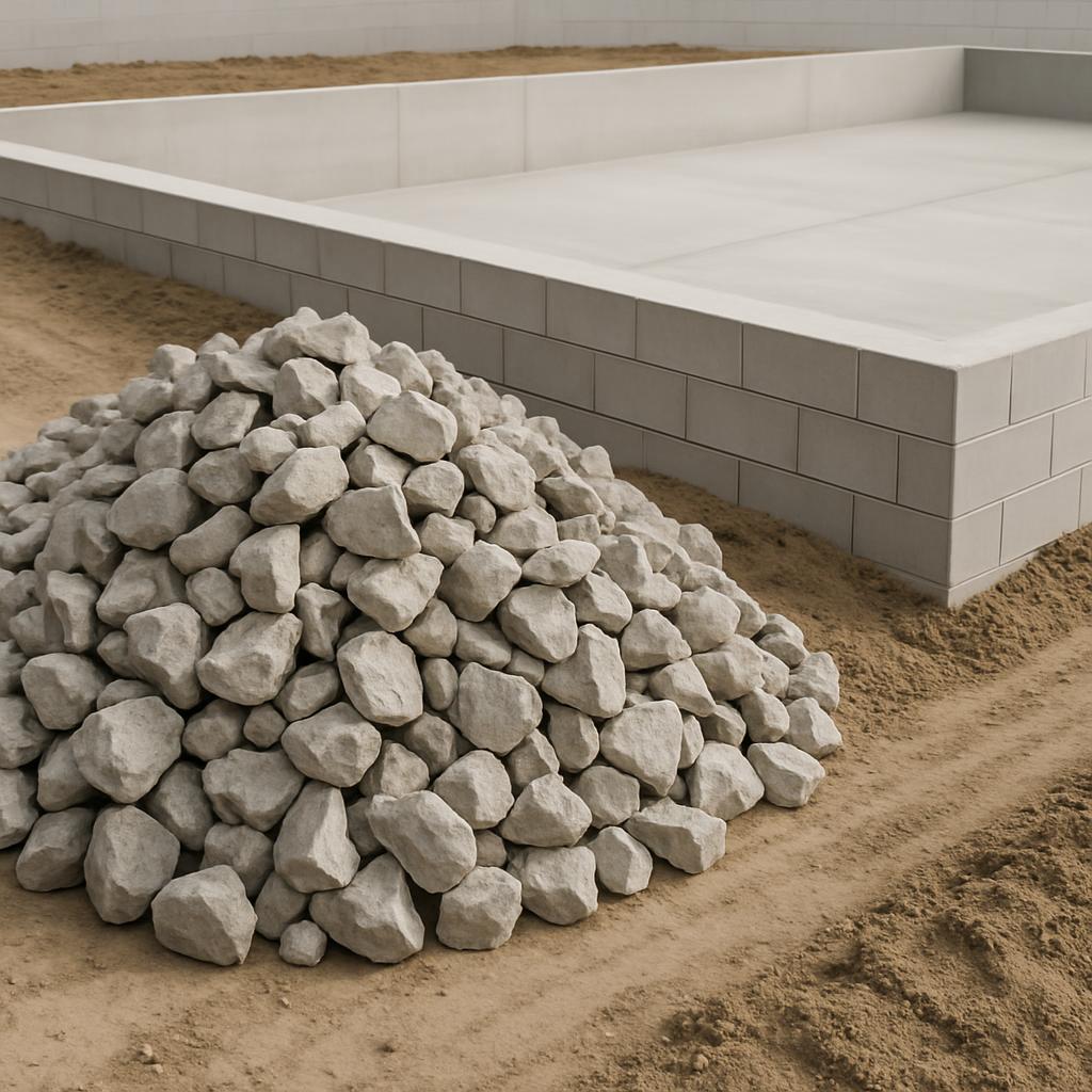 Stock image of a pile of rocks on sandy ground, a section of concrete curb, and a low wall of white tiles.