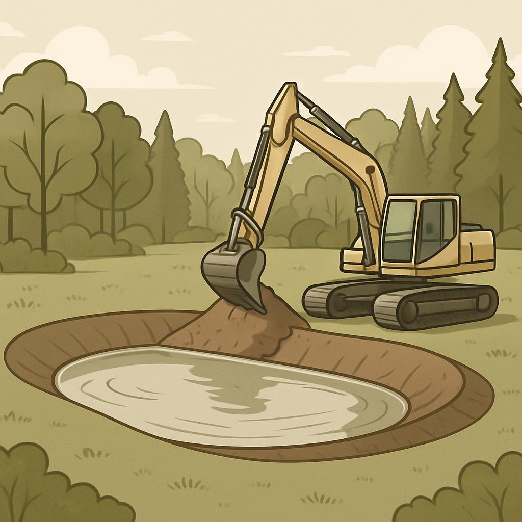 The yellow-brown excavator by the water ushers in the image. The illustration features the machinery with its bucket lower...