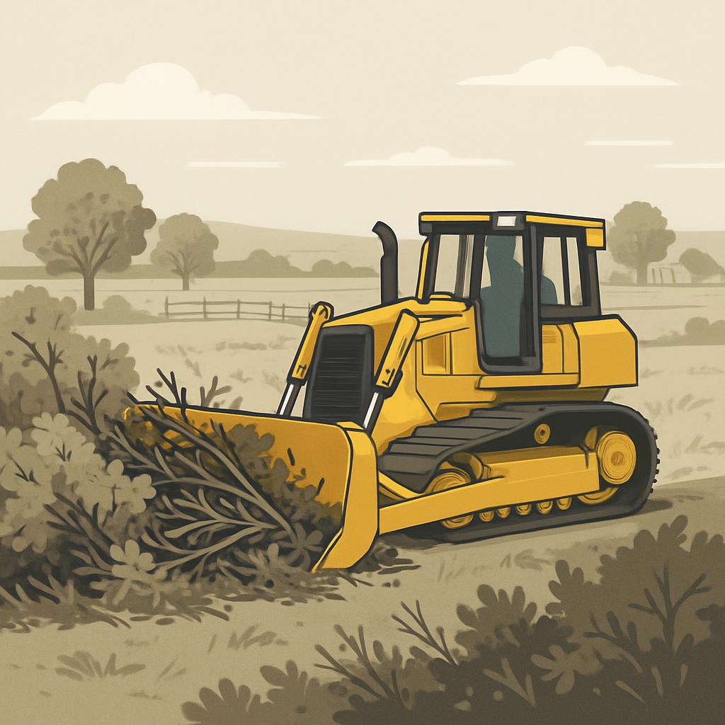 A yellow bulldozer in a rural landscape, with trees and bushes in the foreground.