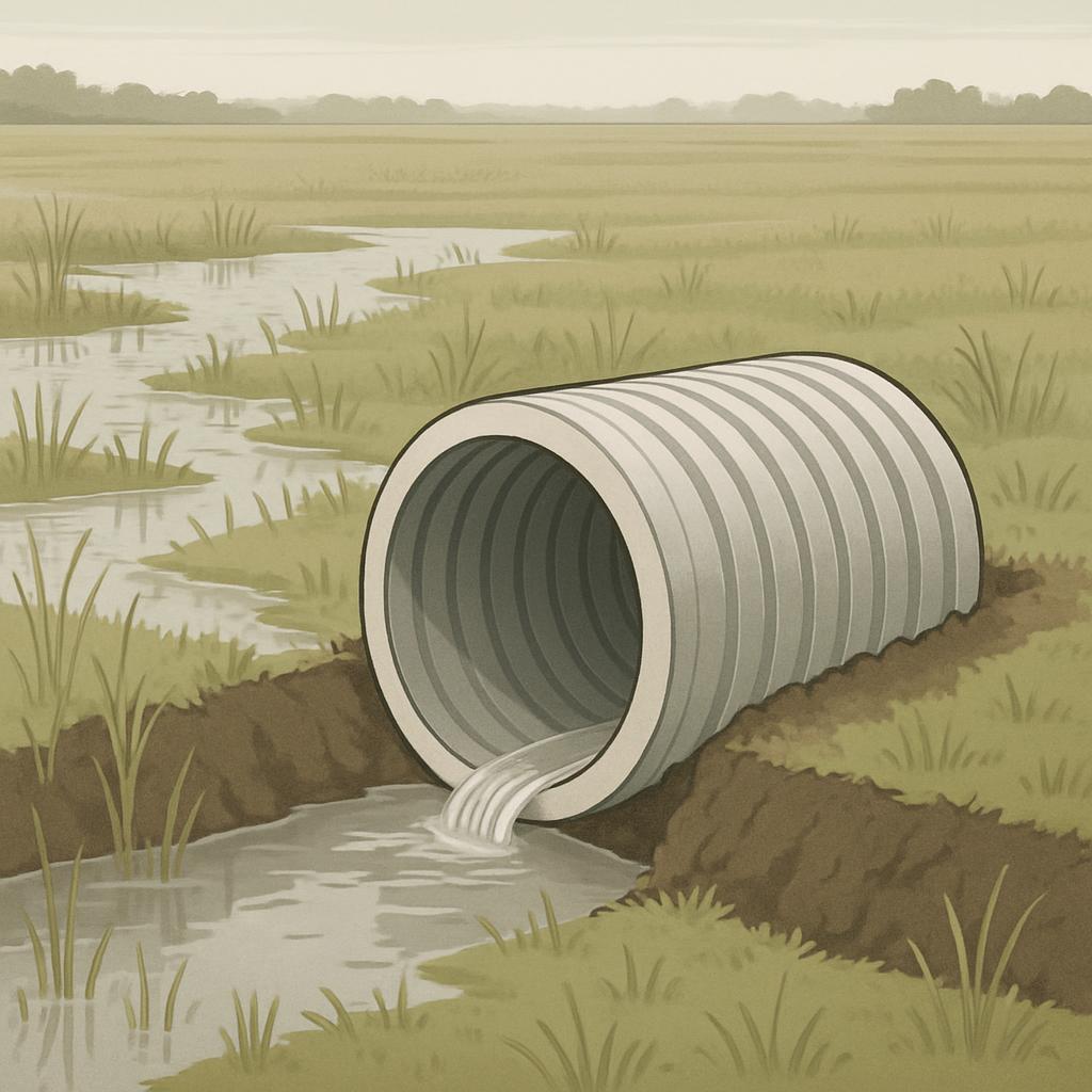 An illustration of a large, grey tube with water flowing out of it, situated in a grassy field with a small stream running...